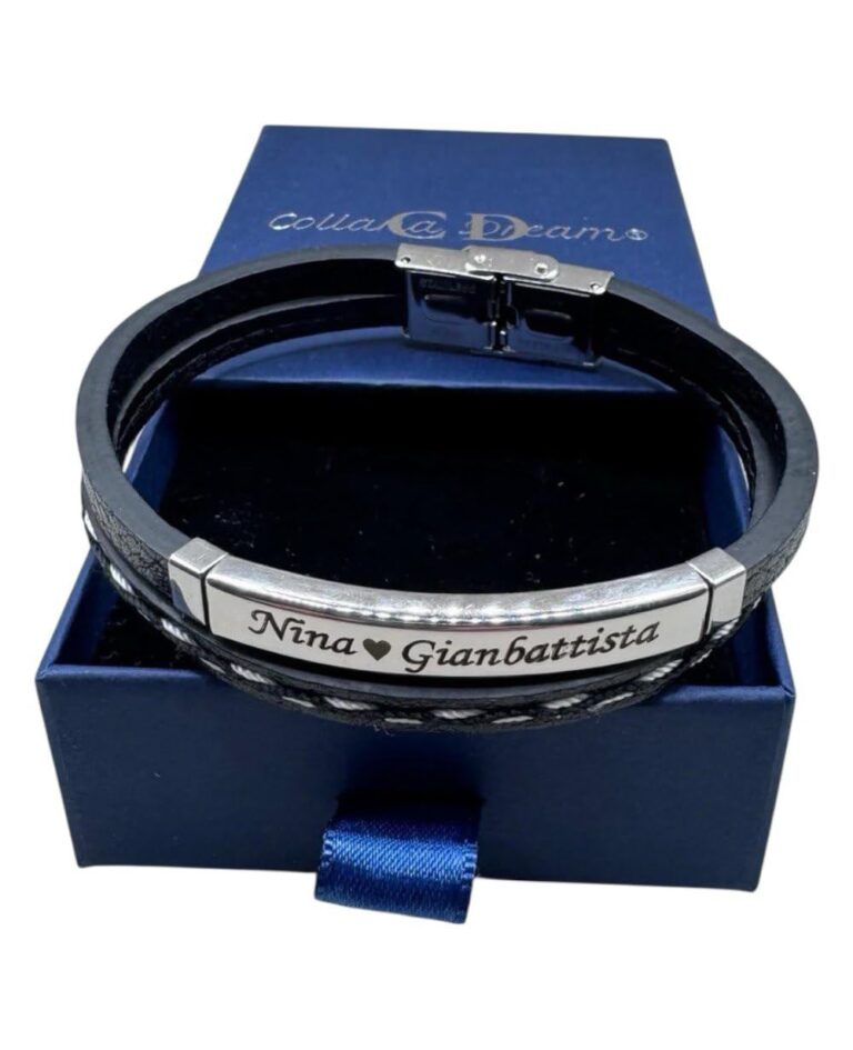 Bracciale Uomo Personalizzato con Nomi Incisi in Pelle e Acciaio