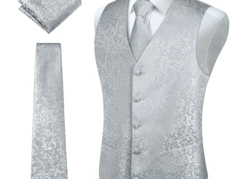 HISDERN Set Gilet e Cravatta Jacquard Paisley con Fazzoletto da Taschino