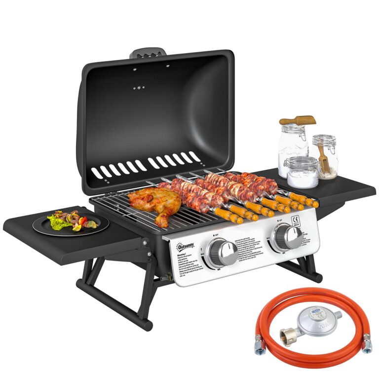 Outsunny Barbecue a Gas in Acciaio, Piastra a Gas Smaltato a 2 Bruciatori da 2.8kW, Griglia Barbecue Portatile da Tavolo c...