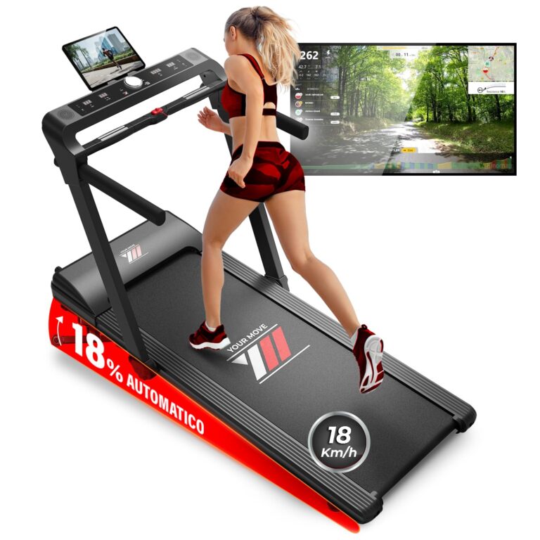 YM Tapis Roulant Elettrico 18 km/h, INCLINAZIONE Automatica, Superfice Corsa XXL, Salvaspazio Pieghevole, 2 Sistemi di Con...