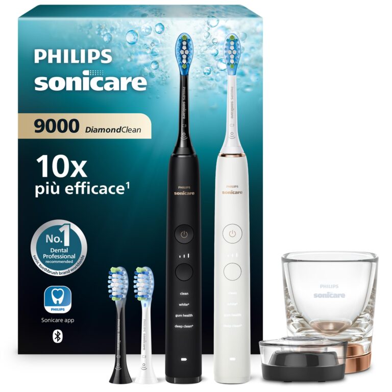 Philips Sonicare DiamondClean 9000 spazzolino elettrico, confezione doppia, spazzolino sonico con app, sensore di pressione, 4 modalità di pulizia, bicchiere di ricarica, nero e oro rosa, HX9914/61