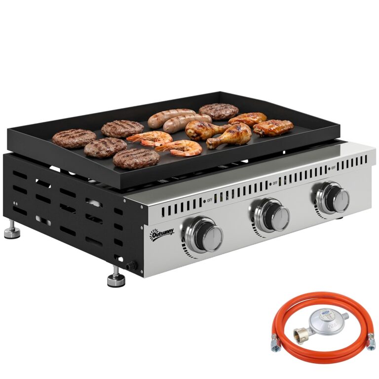 Outsunny Barbecue a Gas Portatile a 3 Bruciatori da 9 KW in Acciaio Inox, Griglia BBQ a Gas Propano da Tavolo con Vaschett...