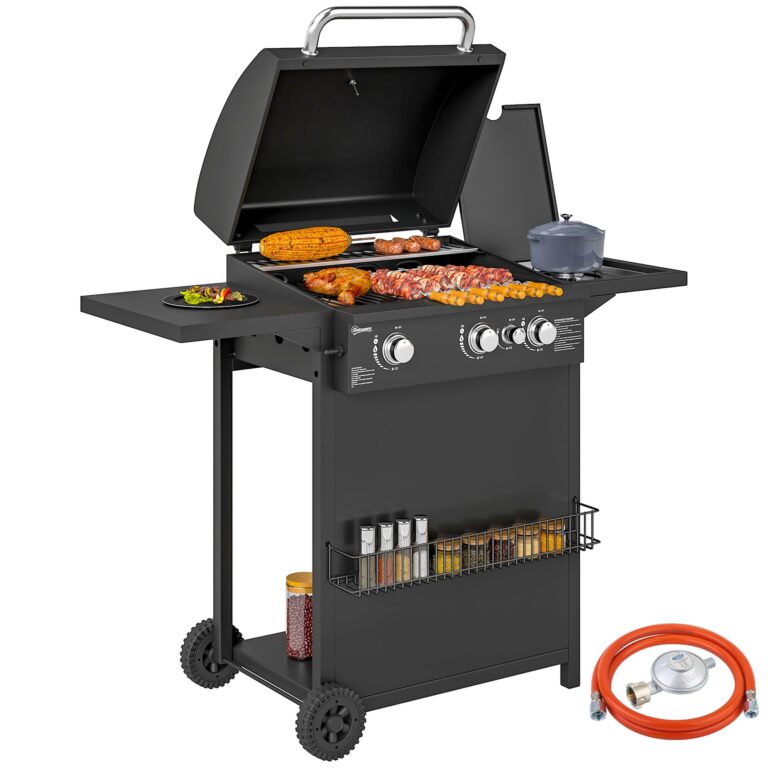 Outsunny Barbecue a Gas in Acciaio, BBQ a Gas a Bruciatori Indipendenti 3+1 con Coperchio, Termometro, Ruote, 2 Griglie, T...