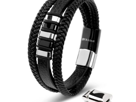 SERASAR Bracciale Uomo in Pelle con Chiusura Magnetica Argento/Oro