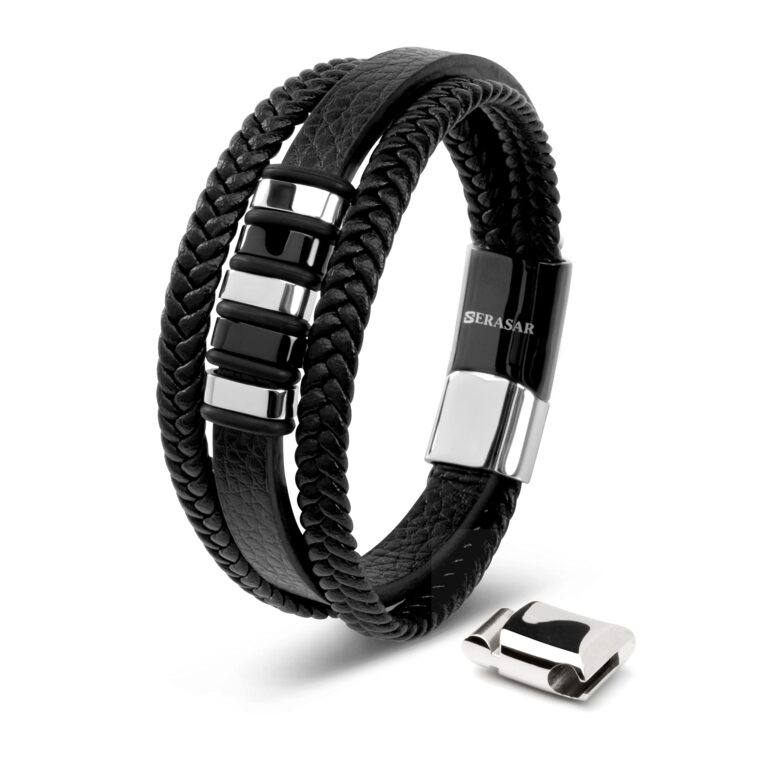 SERASAR Bracciale Uomo in Pelle con Chiusura Magnetica Argento/Oro