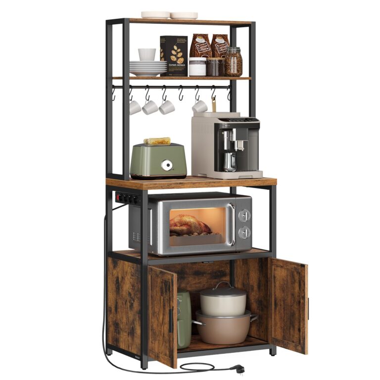 VASAGLE Scaffale Cucina con Prese, con Piano Alto 90 cm, Scaffale per Microonde con 8 Ganci, 40 x 60 x 170 cm, Marrone Vin...
