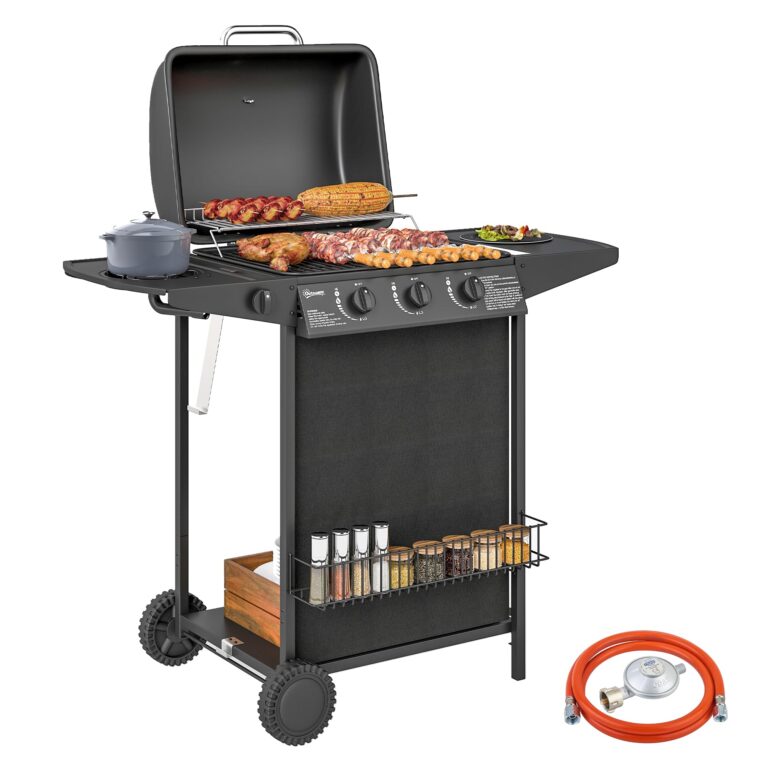 Outsunny Barbecue a Gas in Acciaio, BBQ a Gas a 4 Bruciatori da 9.5kW con Coperchio, Termometro, Ruote, Tavolino Laterale,...