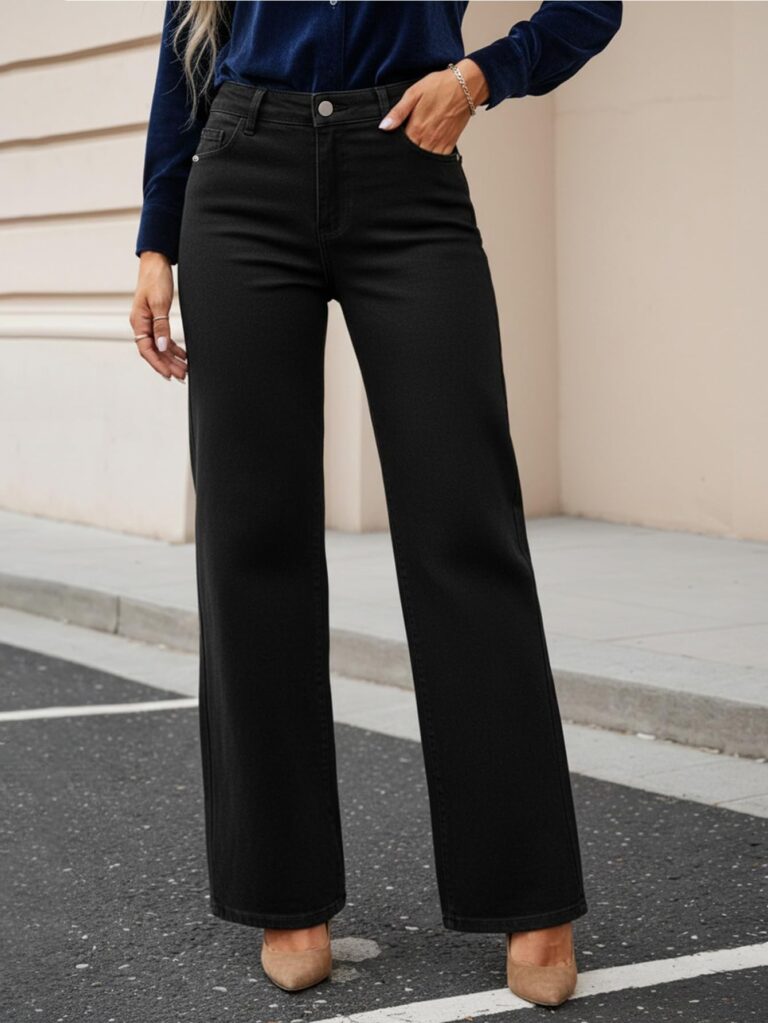 Jeans donna a gamba larga con elastico in vita, denim leggero