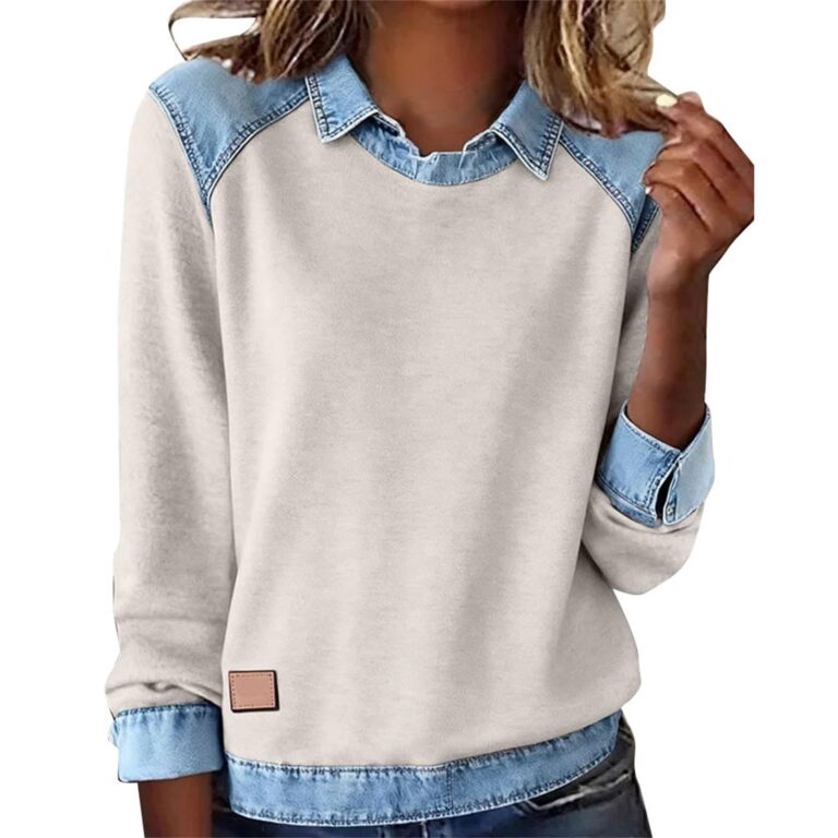 Felpa donna in denim patchwork vintage con colletto a risvolto