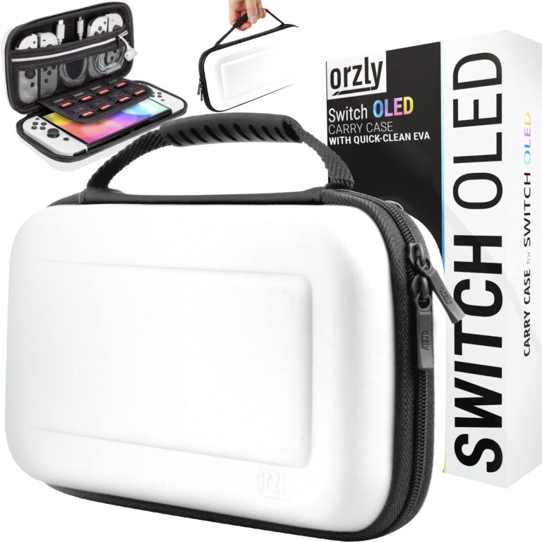 Orzly Custodia per console Nintendo Switch Oled bianca con accessori e vano portaoggetti per giochi, facile da pulire, edi...