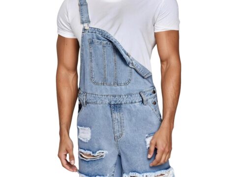 Salopette Corta Uomo Denim Destroyed Casual Vestibilità Larga