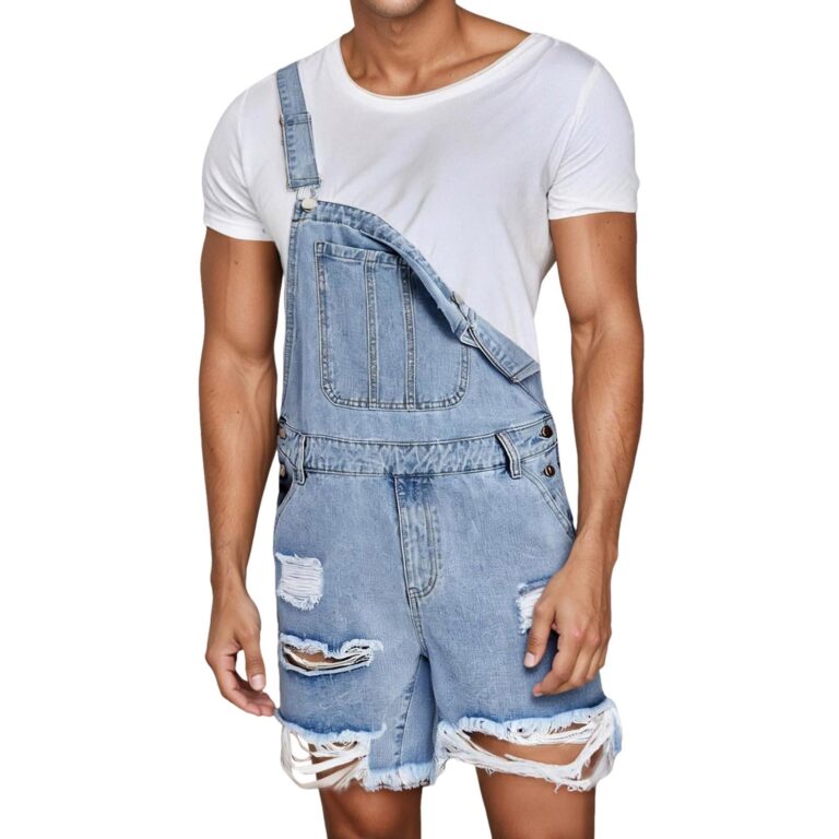 Salopette Corta Uomo Denim Destroyed Casual Vestibilità Larga