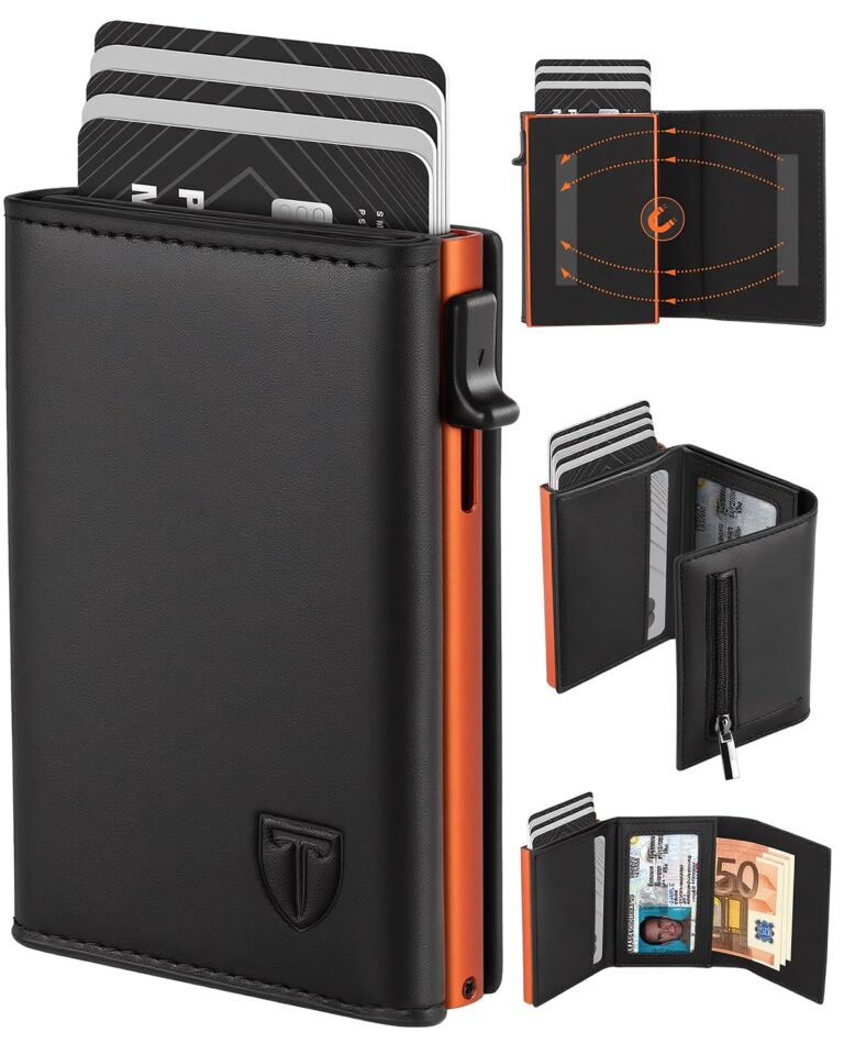 Portafoglio Uomo Slim, Pop-up Porta Carte di Credito Uomo, Portacarte in Pelle con Protezione RFID, Portamonete e Scompart...