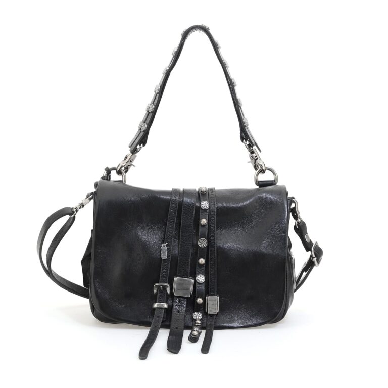 A.S.98 Borsa Donna Pelle Morbida con Borchie – Tracolla Regolabile, Stile Rock Artigianale, Nera ...