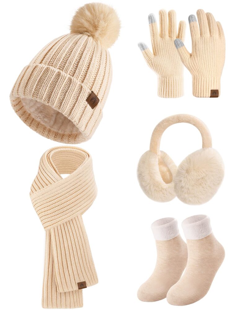 heekpek Set Invernale Donna 5 Pezzi: Cappello Pompon, Sciarpa, Guanti Touch e Calze