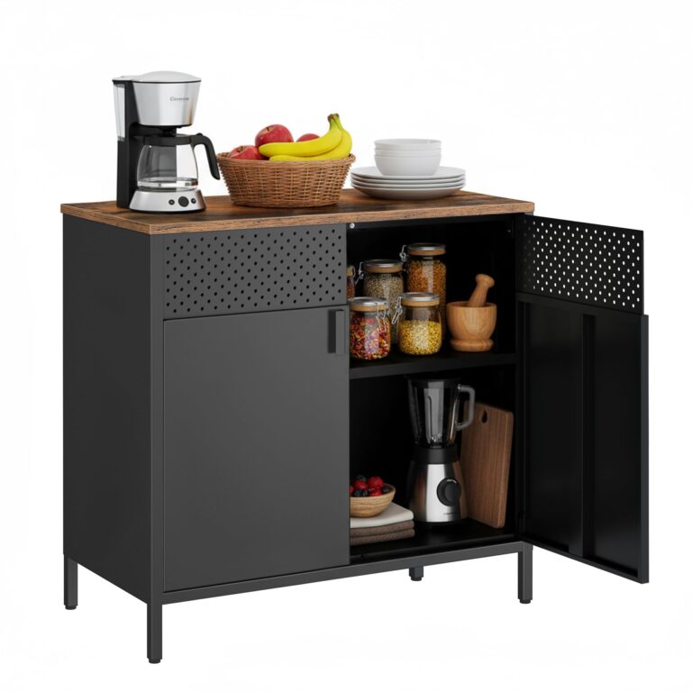 SONGMICS Mobiletto Contenitore, Credenza in Metallo, Doppia Anta con Chiusura Magnetica, Ripiani Regolabili, Struttura in ...