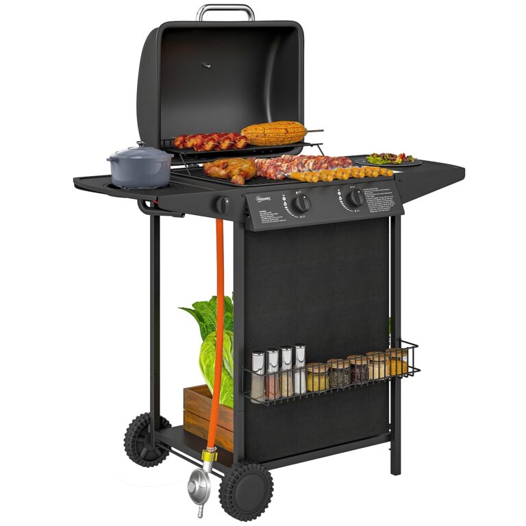 Outsunny Barbecue a Gas in Acciaio, BBQ a Gas a 2+1 Bruciatori da 7kW con Coperchio, Termometro, Tavolino Laterale, Portas...