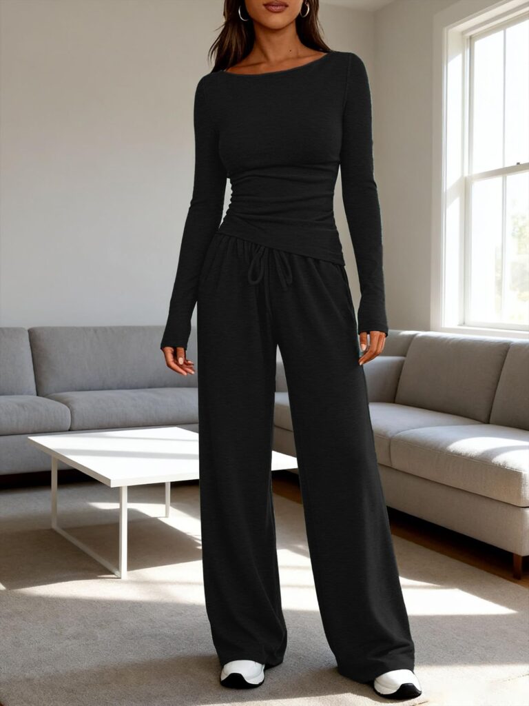Set Felpa Donna Maniche Lunghe con Crop Top e Pantalone a Gamba Larga