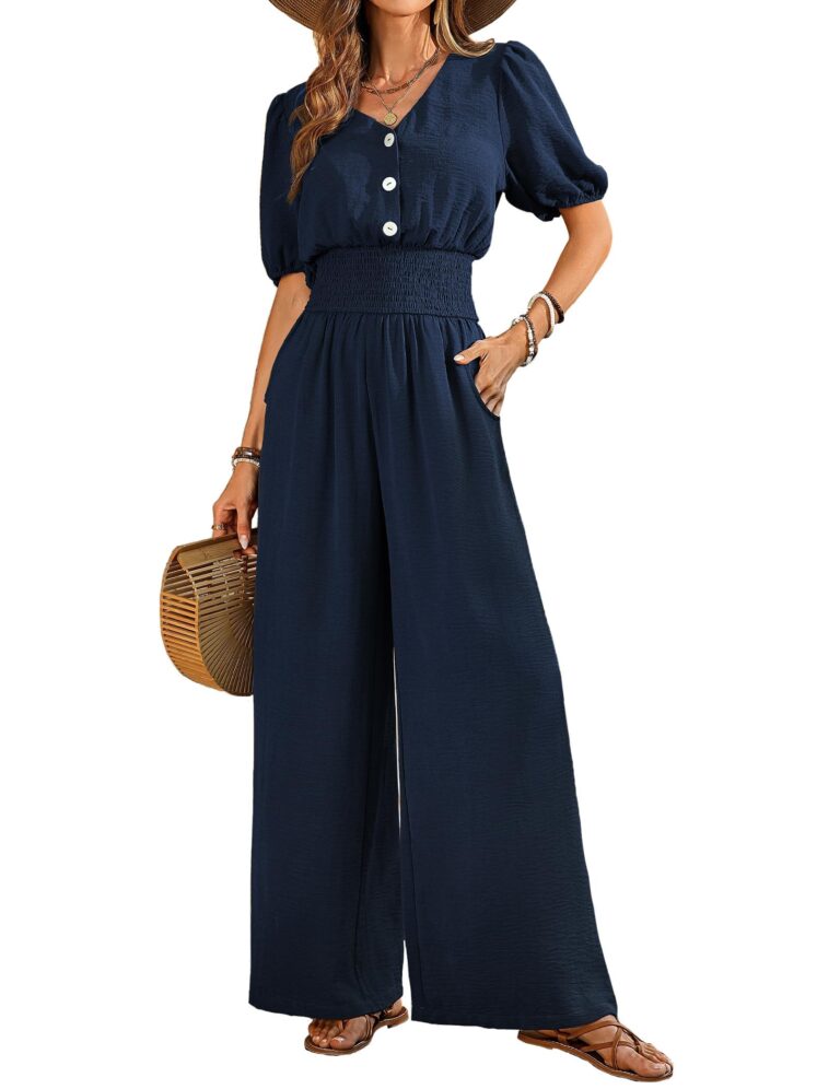 QUNERY Salopette estiva donna scollo a V con tasche, gamba larga