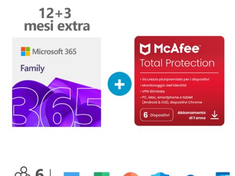 Microsoft 365 Family – Abbonamento 15 mesi per 6 persone + McAfee