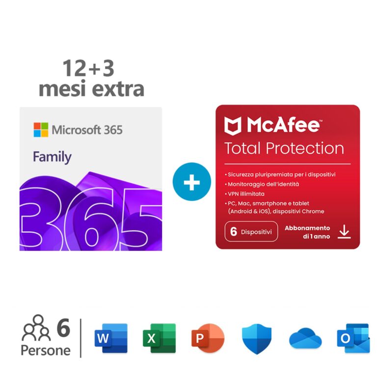 Microsoft 365 Family – Abbonamento 15 mesi per 6 persone + McAfee