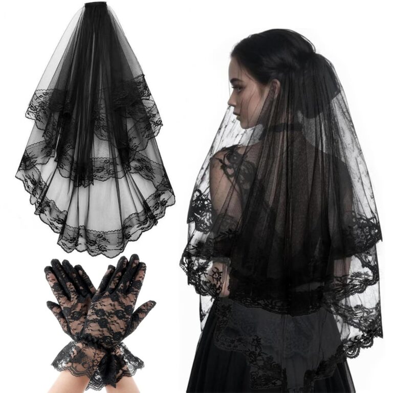 Velo da Sposa Nero Halloween in Pizzo con Pettine e Guanti