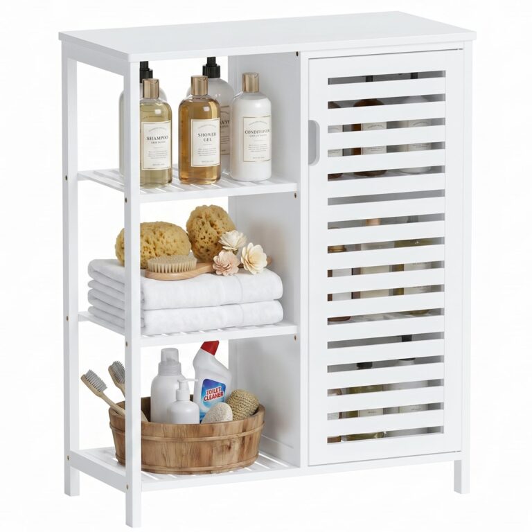 HITNET Mobile Bagno Bambu, Mobiletto Bagno Basso da Terra, Armadietto da Pavimento con Porta Sing...