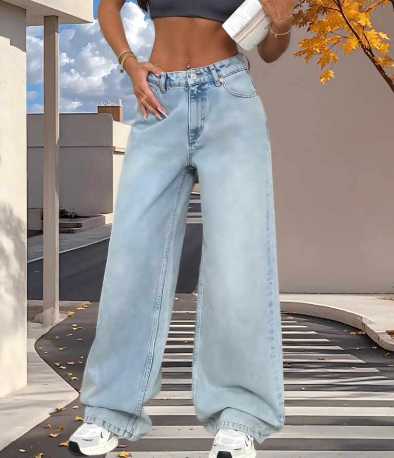 Jeans donna gamba larga vita alta vintage stile Y2K