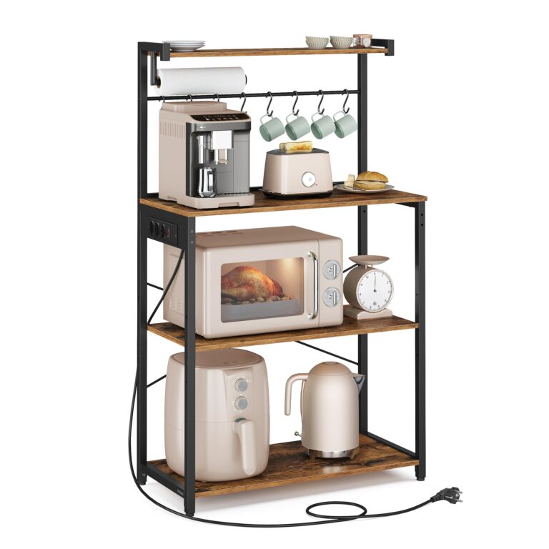 VASAGLE Scaffale da Cucina con Multipresa, Bar Caffèa 4 Ripiani con 8 Ganci a S, Ripiano Regolabile, Supporto per Microond...