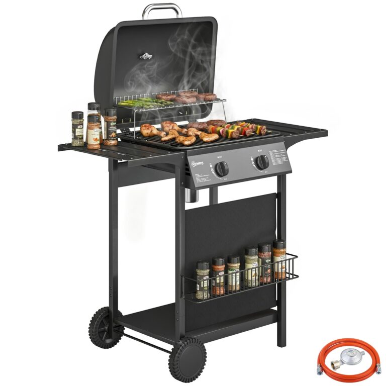 Outsunny Barbecue a Gas con 2 Bruciatori da 5KW, BBQ a Gas Propano Portatile con Griglia, Ripiani Laterali e Inferiore, Va...