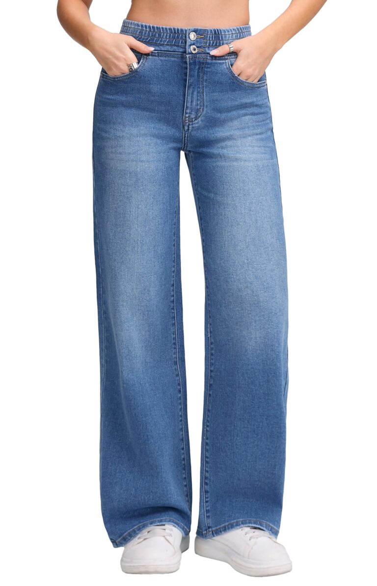 Vittorio Y Jeans Donna Gamba Larga Vita Elasticizzata Lavaggio Chiaro