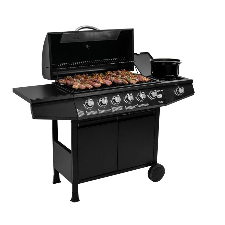 Amig - Barbecue a gas Fireplus 6+1 da 12,9 kW - Acciaio inox nero - Modello GRILL-6F - Barbecue XXL con carrello e termome...