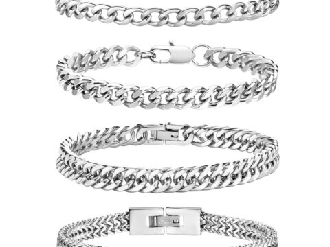 Esmoly Set 4 Bracciali Uomo Acciaio Inossidabile Catena Cubana Argento Oro Nero