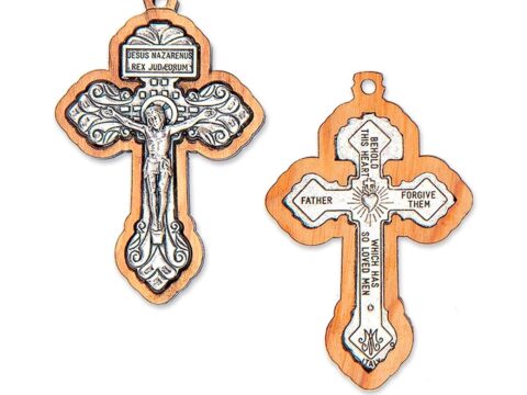 Shalom Ciondolo Croce del Perdono in Legno d’Ulivo e Metallo, 5,5 cm