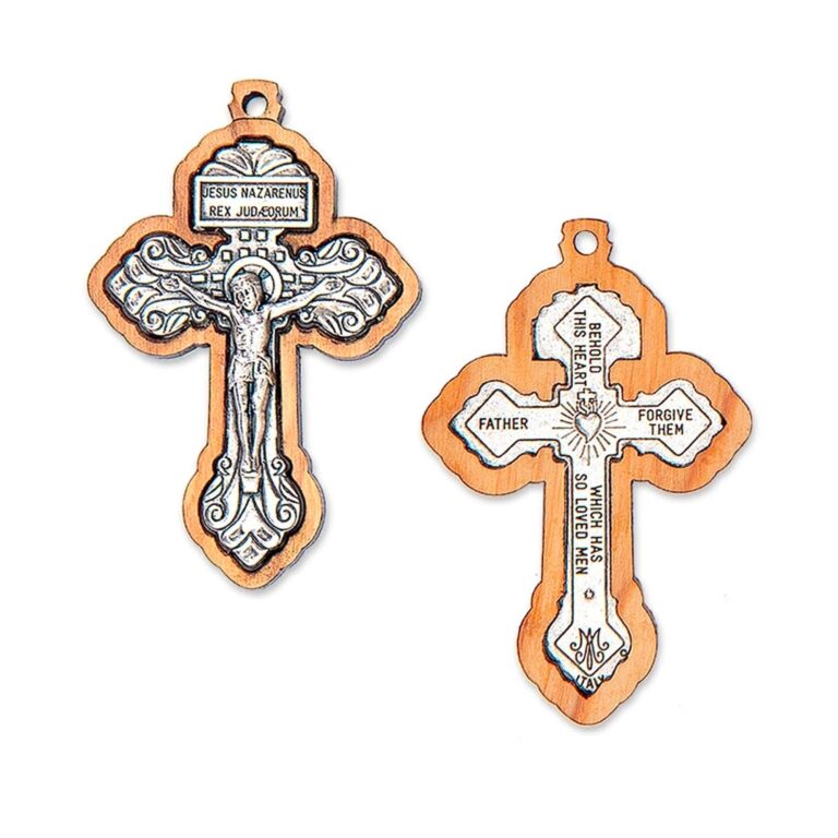 Shalom Ciondolo Croce del Perdono in Legno d'Ulivo e Metallo, 5,5 cm