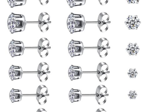 Set 6 Paia Orecchini con Zirconia Cubica in Acciaio Chirurgico 3-8 mm