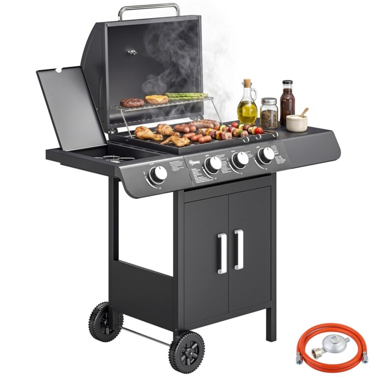 Outsunny Barbecue a Gas con Coperchio, 4 Bruciatori Totali da 11.6kW e Termometro, Fornello Laterale, Mensola e 2 Ruote, 1...