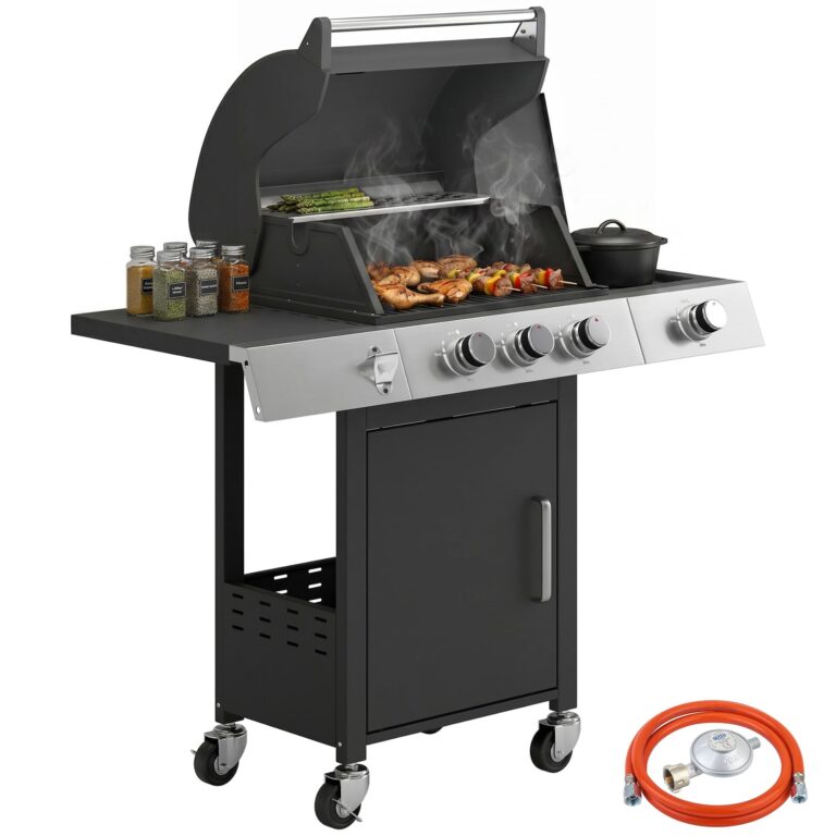 Outsunny Barbecue a Gas con 3+1 Bruciatori da 10.5 KW, BBQ a Gas Propano Portatile con Griglia, Ripiani Laterali, Vaschett...