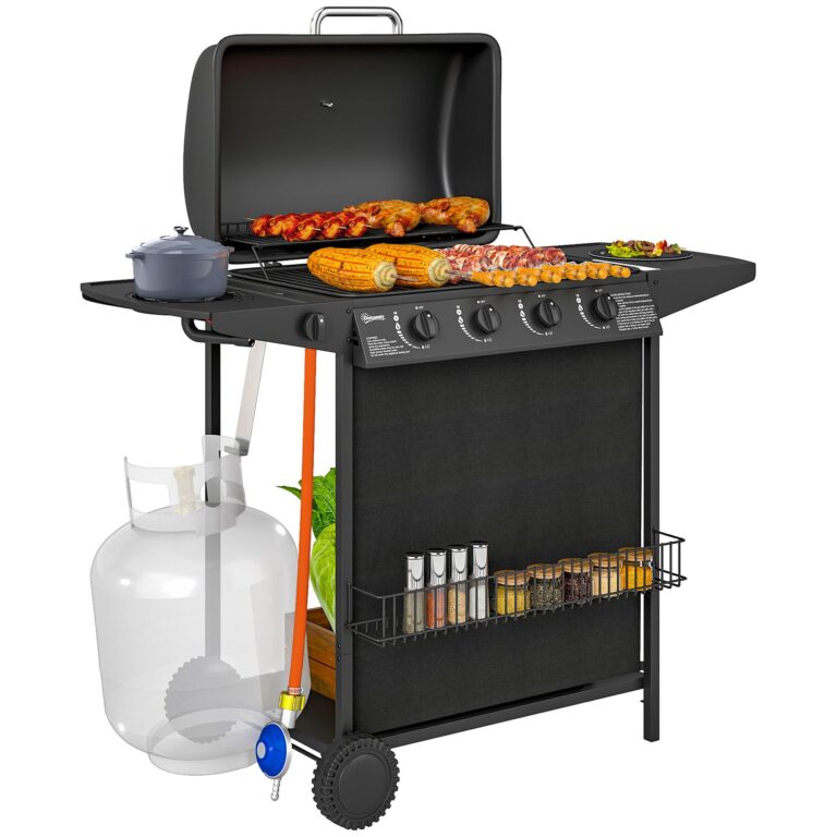 Outsunny Barbecue a Gas in Acciaio 4+1 Bruciatori Indipendenti con Coperchio e Termometro, BBQ a Gas con Ruote, Griglie, T...