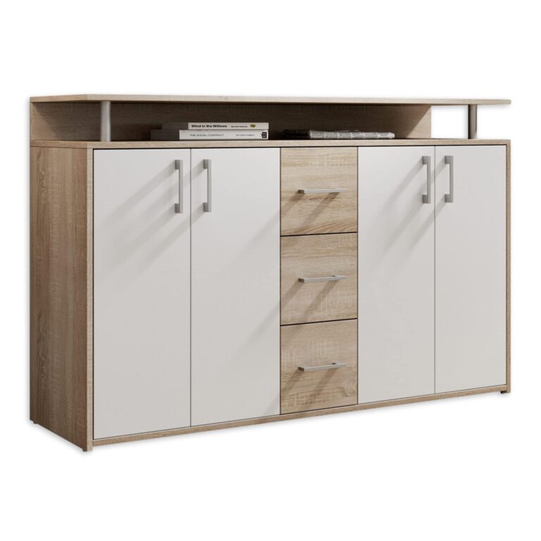 DRIFT, Credenza con ripiano simil rovere sonoma, bianco, elegantea e capiente credenza con cassettiera per la vostra zona ...