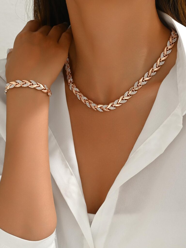 Set collana e bracciale donna oro rosa con foglia e strass