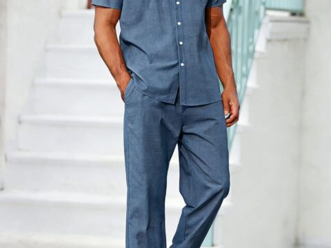 Set Estivo Uomo Camicia Maniche Corte e Pantaloni a Gamba Dritta