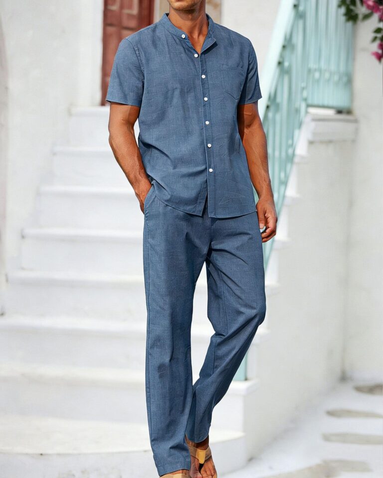Set Estivo Uomo Camicia Maniche Corte e Pantaloni a Gamba Dritta