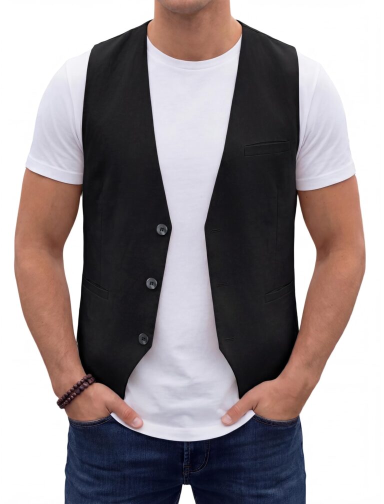 HISDERN Gilet Uomo Cotone Lino Casual Tinta Unita con Tasche
