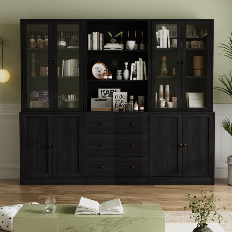 VOWNER Libreria con Ante in Vetro, 180cm Libreria Espositiva Alta, Mobile Vetrina Soggiorno con C...