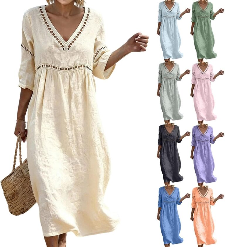 Abito lungo in lino e cotone boho chic con maniche a 3/4