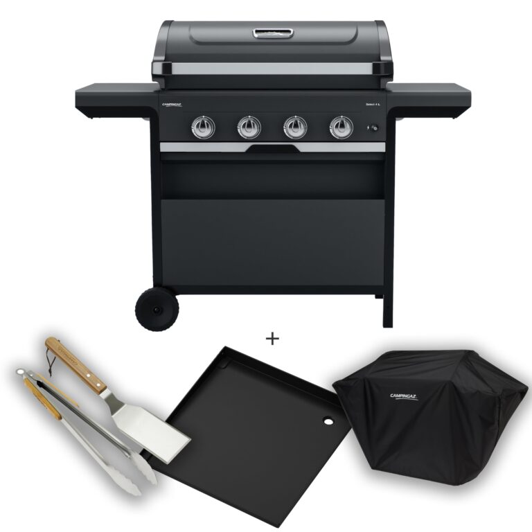 Campingaz 4 Series Select L Barbecue gas Set con piastra extra, coperchio e utensili per grigliare, BBQ gas con 4 bruciato...