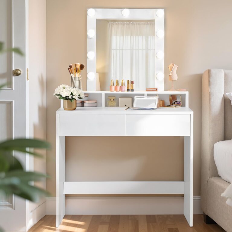 VASAGLE KAILYN Collezione - Toeletta, Luce LED Regolabile a 3 Colori, Tavolo da Trucco con Specchio, 2 Cassetti e 3 Scompa...