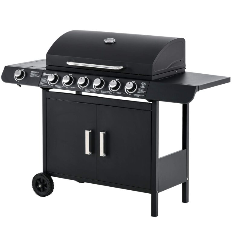 Outsunny Barbecue a Gas con Coperchio, 7 Bruciatori Totali da 20kW e Fornello Laterale, Termometro, Mensola e 2 Ruote, 135...