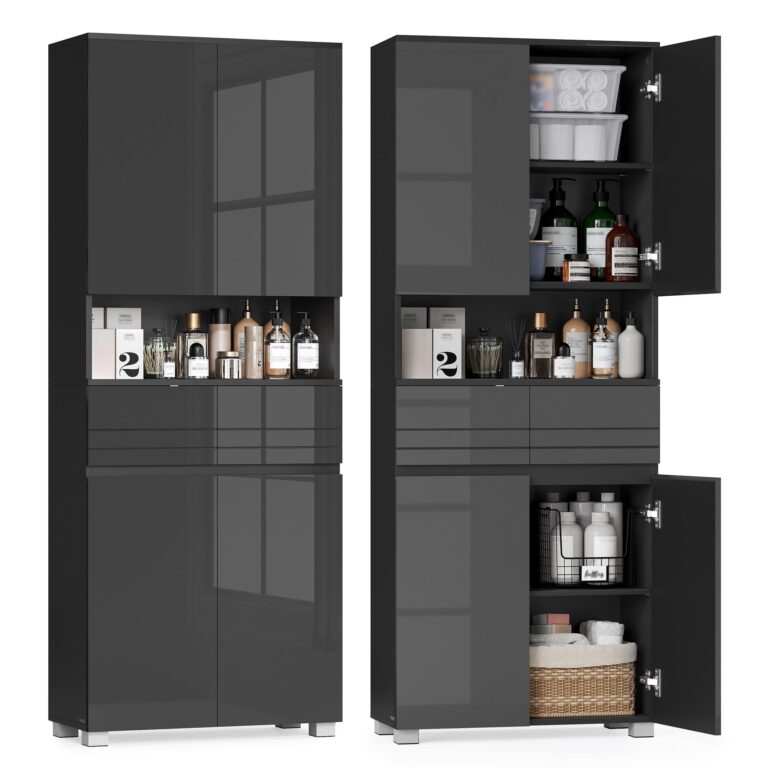 VASAGLE Mobile da Bagno, Mobiletto Portaoggetti, Alto, con Cassetto, Ripiani Regolabili, Scomparti, 30 x 60 x 170 cm, Nero...